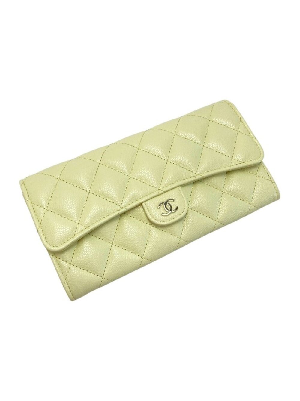 Chanel Quilted Classic Flap Wallet Light Yellow CC Logo Caviar Leather